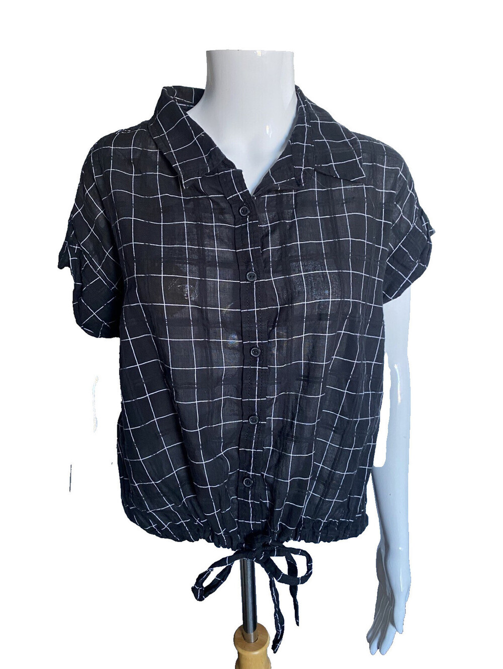 Sanctuary Women's Borrego Tie Front Blouse Black White S Small Comfy Cotton